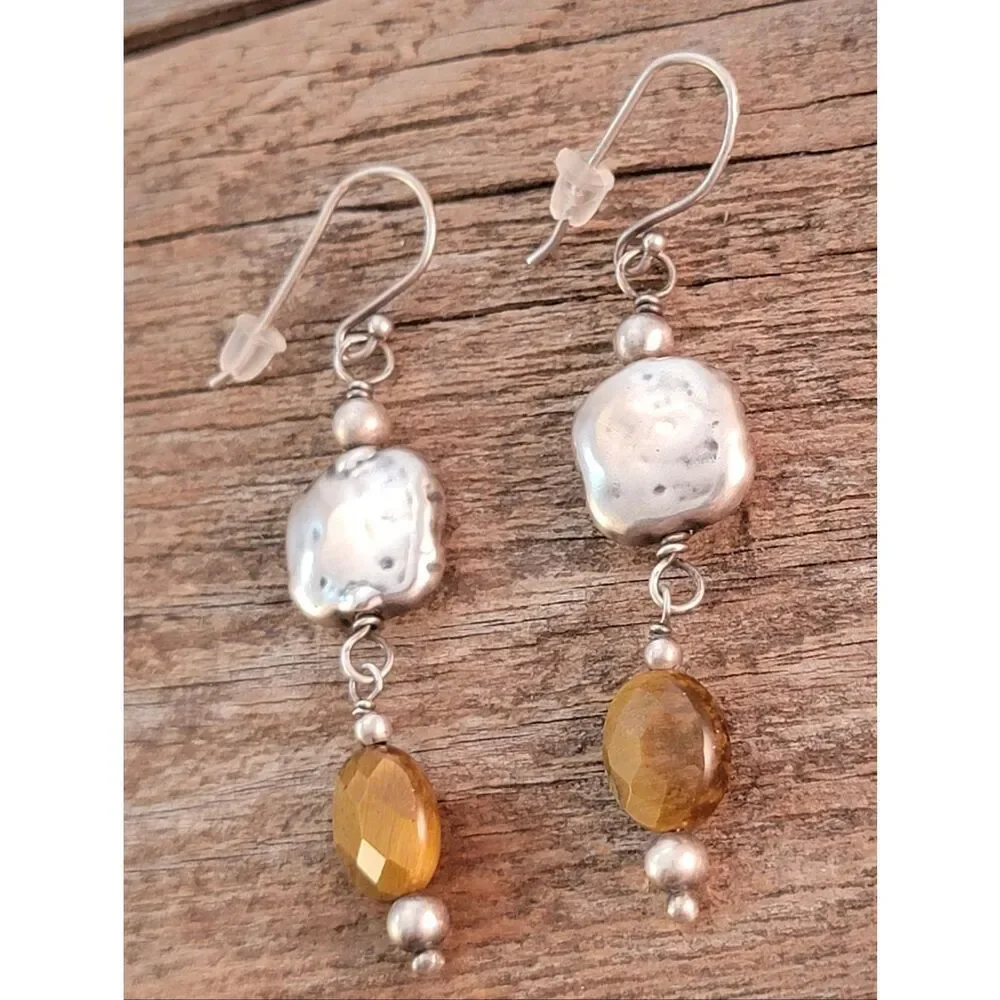 Silpada Hammered Sterling Silver & Faceted Tigers Eye Dangle Drop Earrings